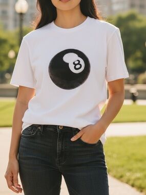 Vintage women’s short sleeve cute shirt graphic tee 8 ball design white small